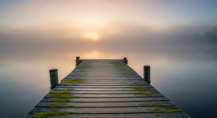 Fototapeta premium Wooden pier over calm foggy lake at sunrise with serene atmosphere