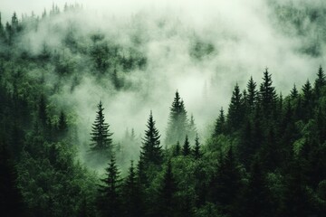 Misty forest landscape with tall trees shrouded in fog, creating a serene and mysterious atmosphere in nature.
