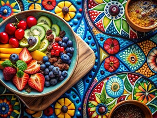 Silhouette Breakfast: Vibrant & Nutritious Food on Geometric Board