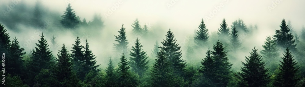 Poster serene misty forest landscape with evergreen trees creating a calm and tranquil atmosphere.