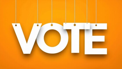 Bright Hanging White Letters Spelling "VOTE" on a Vibrant Orange Background, Representing Democracy, Participation, and Civic Engagement

