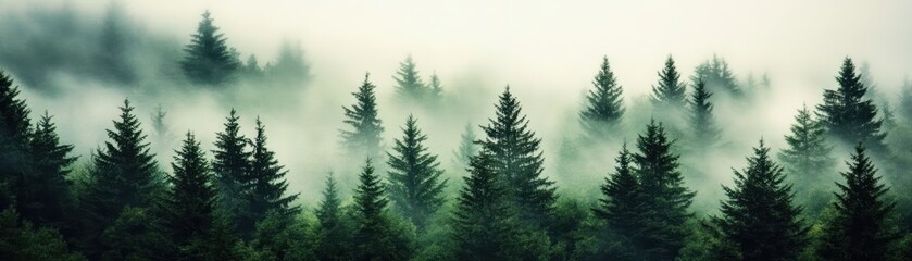 Fototapeta premium Serene misty forest landscape with evergreen trees creating a calm and tranquil atmosphere.