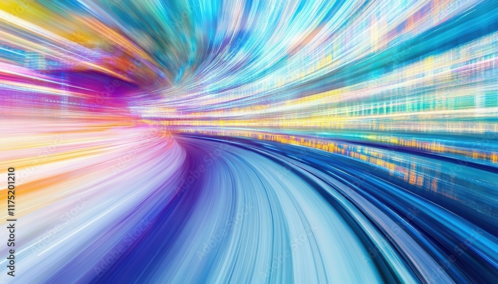 Poster abstract light trails creating a vibrant, dynamic visual of movement and energy in a colorful urban 