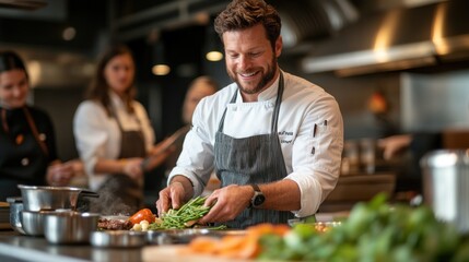 A skilled chef shares expertise on chopping vegetables with aspiring cooks in a stylish culinary school fostering creativity and skill