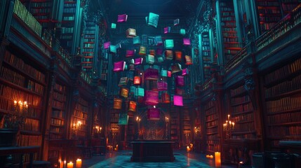 Obraz premium Enchanting Library With Floating Books Illuminates The Night