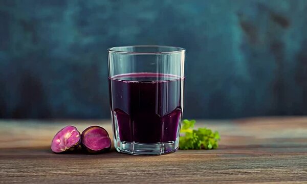 Beetroot juice in a glass surrounded by beetroots 