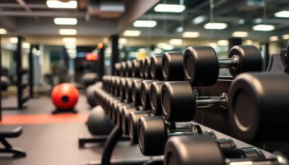 Naklejka premium gym interior background of dumbbells on rack in fitness and workout room 