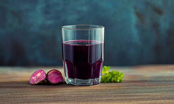 Beetroot juice in a glass surrounded by beetroots 