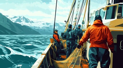 Hardworking Fishermen Navigating the Sea on a Traditional Fishing Vessel