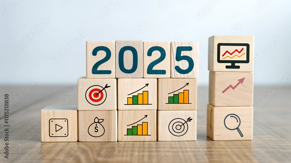 Fototapete happy new year 2025 and goals. target icon on a round wood block and white 2025 number on red small 