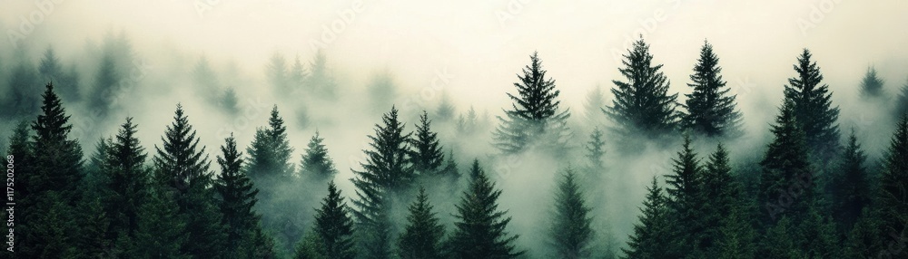 Poster misty forest landscape with tall evergreen trees, creating a serene and tranquil atmosphere in soft,
