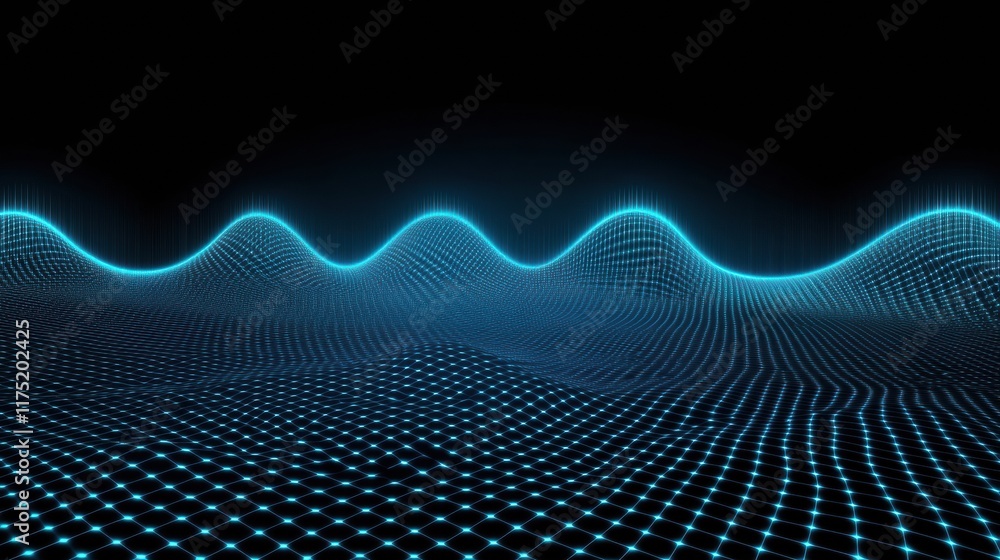Poster futuristic blue wave pattern with glowing grid lines, creating a mesmerizing digital landscape backg