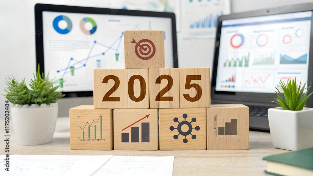Fototapete happy new year 2025 and goals. target icon on a round wood block and white 2025 number on red small 