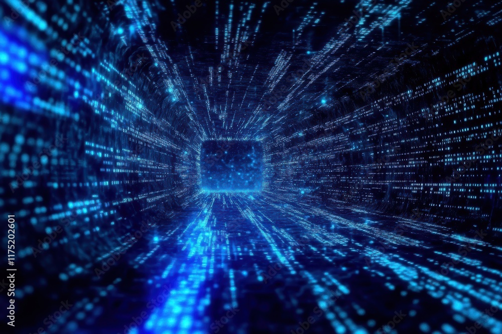 Poster dynamic digital tunnel with glowing blue particles, representing data and technological advancements