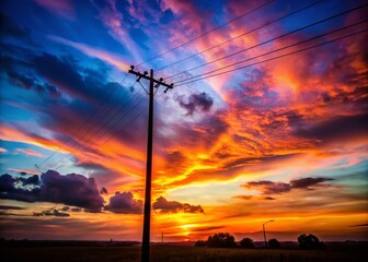 Naklejka premium Silhouetted Electric Pole at Sunset - Dramatic Night Photography Stock Image