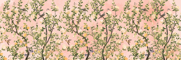 A three-panel set illustrating a dreamy garden of peonies and citrus with birds and butterflies flying, Illustration, Watercolor background. © Sharif