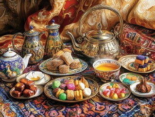 Fototapeta premium A Luxurious Middle Eastern Tea Party Setting with Pastries and Sweets