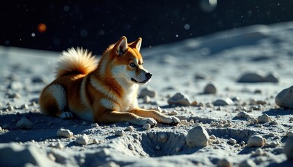 Obraz premium Space debris and wreckage scattered around a Shiba Inu on the moon's surface, space debris, destruction, chaos
