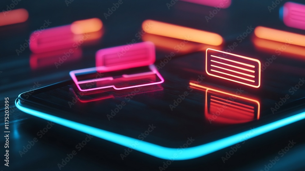 Poster minimalist futuristic chatbot interface on tablet screen with glowing icons and text bubbles