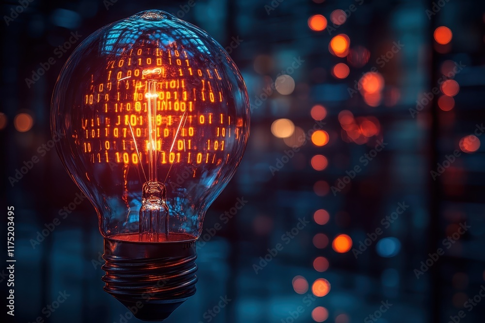 Poster illuminated light bulb displays binary code against a blurred background of colored lights
