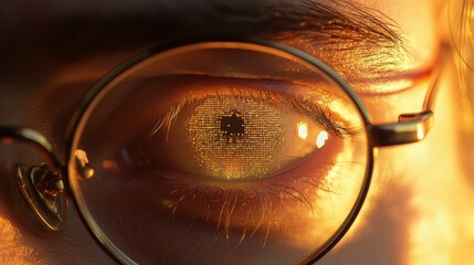 Obraz premium Close up of eye wearing glasses reflecting digital data