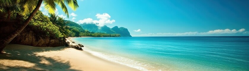 Fototapeta premium Serene beach with crystal clear water, lush greenery, and distant mountains under a bright blue sky.