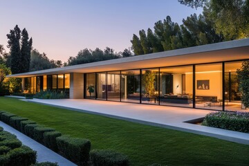 A sleek contemporary house with large glass openings, a flat roof, and a well-manicured garden