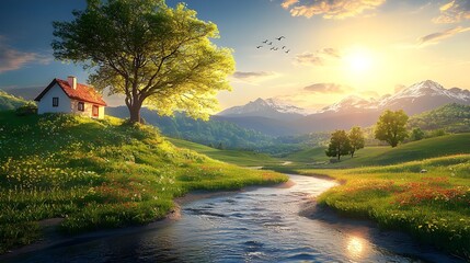 Idyllic countryside landscape, peaceful river flowing, lush green hills, lone tree on hilltop, small red cottage, vibrant sunset sky, golden sunlight, serene atmosphere, rolling meadows, picturesque 