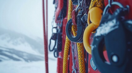 Fototapeta premium Pulleys and harnesses are meticulously arranged ready for action against a breathtaking backdrop of snow-covered mountains