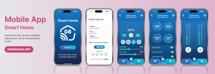 A sleek smart home application interface template featuring modern icons and a gradient design. Includes navigation menus for managing devices, monitoring security, controlling temperature