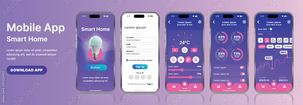 Poster a sleek smart home application interface template featuring modern icons and a gradient design. incl