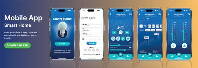 A sleek smart home application interface template featuring modern icons and a gradient design. Includes navigation menus for managing devices, monitoring security, controlling temperature