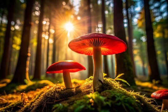 Silhouetted Red Russula Vinosa Mushrooms in Sunlit Forest