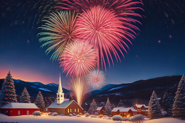 Celebration of New Year’s Eve With Fireworks Over a Snowy Village at Night. Generative AI