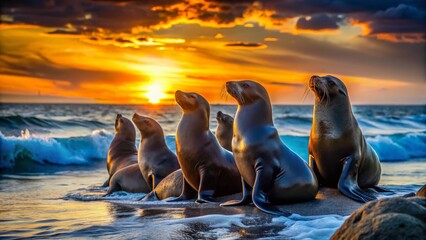 Fototapeta premium Silhouetted Sea Lions at Sunset, Dramatic Ocean Scene