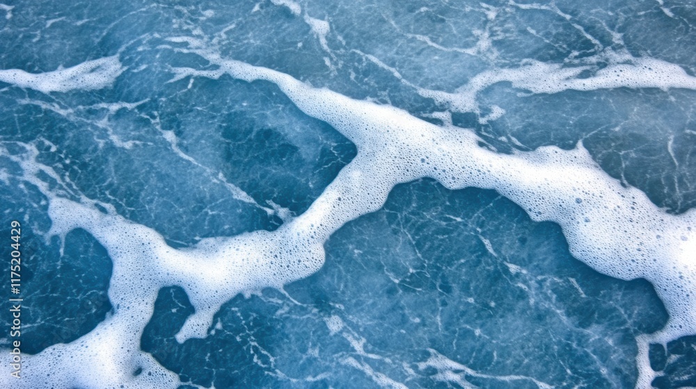Poster close-up view of ocean waves with white foam creating intricate patterns on a turquoise surface, evo