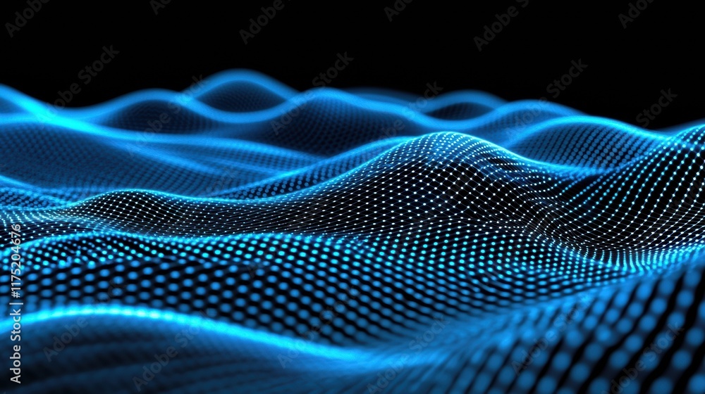 Poster abstract digital wave background with glowing blue dots creating a mesmerizing pattern and depth in 