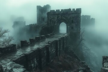 a mysterious fortified city cloaked in dense mist with towering walls and an imposing archway entrance hinting at secrets and adventures within its protected grounds
