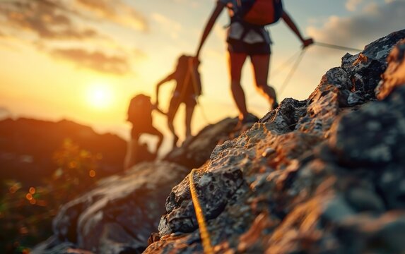 Backpackers hiking climbing the rock together, copy space. Blurred background. View bottom to top, reverse perspective, inverted viewpoint, flip, exploration concept. Robust momentum, energetic force