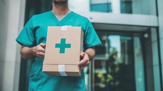Medical delivery person in uniform holding prescription drug package with medical cross symbol, standing at modern hospital entrance, with copy space for text or design.
