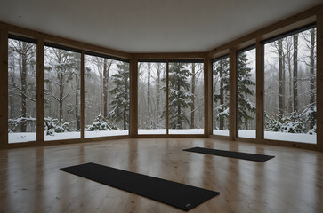 Fototapeta premium Bright yoga studio with snowy forest view