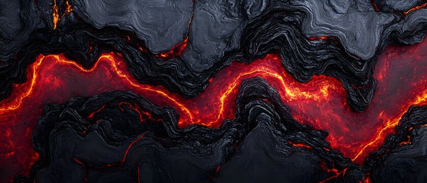 Abstract lava background with red and black color waves of liquid rock flow down from the top