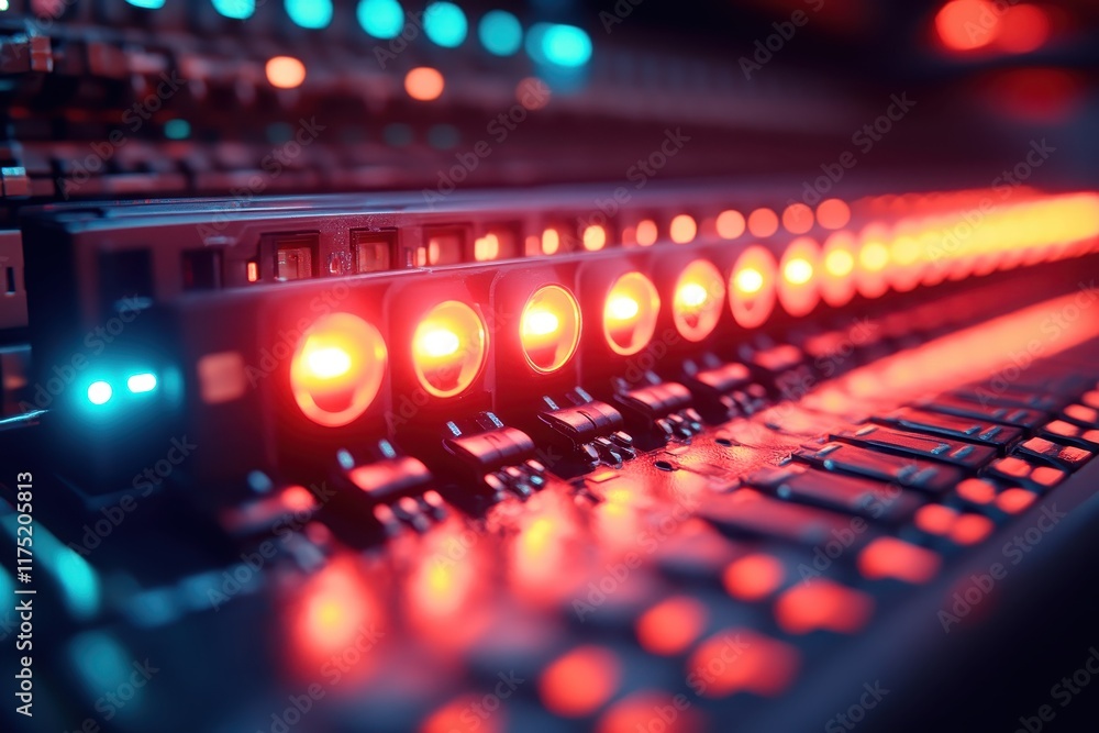Poster bright red lights illuminate control panel with various switches and buttons in a modern tech enviro