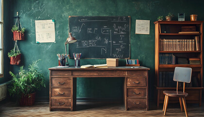 A charming vintage back-to-school scene with handwritten notes and equations on a chalkboard AI Generated
