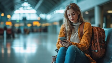 Fototapeta premium Female traveler sits alone at a vacant airport gate absorbed in her phone expressing a sense of hopelessness and fatigue