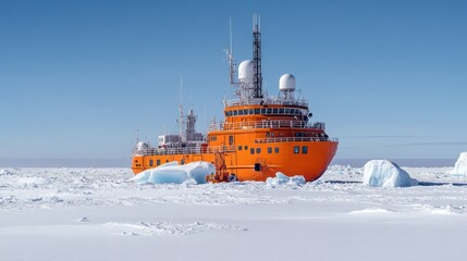 Researchers diligently adjust communication equipment amidst spectacular ice formations in the Antarctic wilderness under a clear blue sky