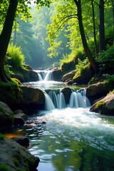 Water flows through a small weir over forest river, water feature, natural, landscape