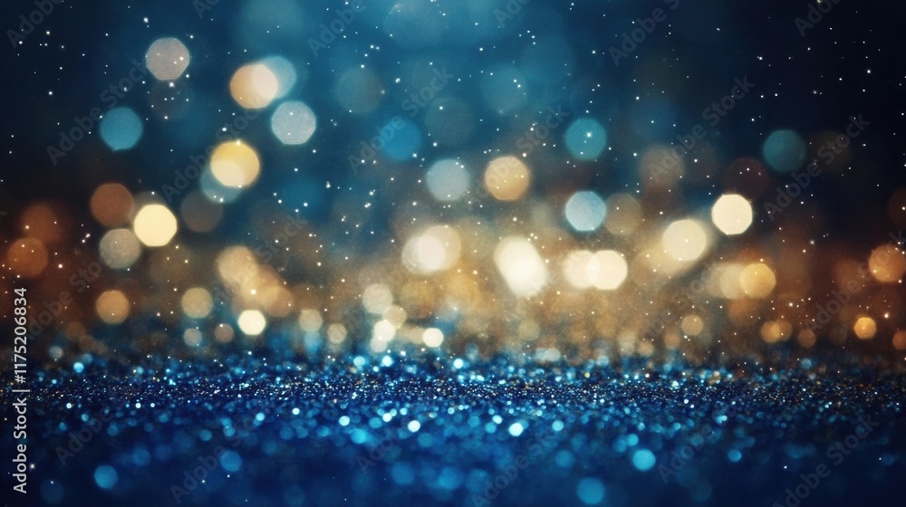 Poster glittering particles create a mesmerizing background effect with shimmering lights in blue and gold 