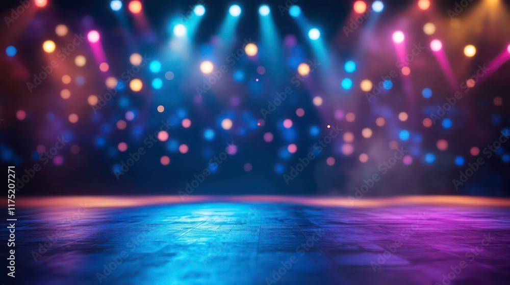 Poster a mesmerizing stage scene illuminated with vibrant lights, creating an enchanting atmosphere for ste
