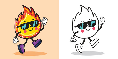 A Cartoon fire with sunglasses and boots for design element or coloring book element